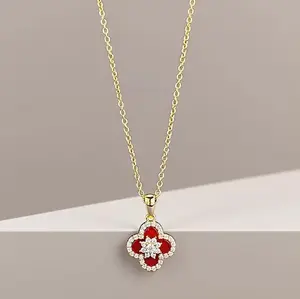 Obscure Style Inlaid Diamond Four-Leaf Lucky Flower Imitation Mother-of-Pearl Pendant Necklace, Fashionable All-Match Clavicle Chain Gift for Girlfriend & Mom
