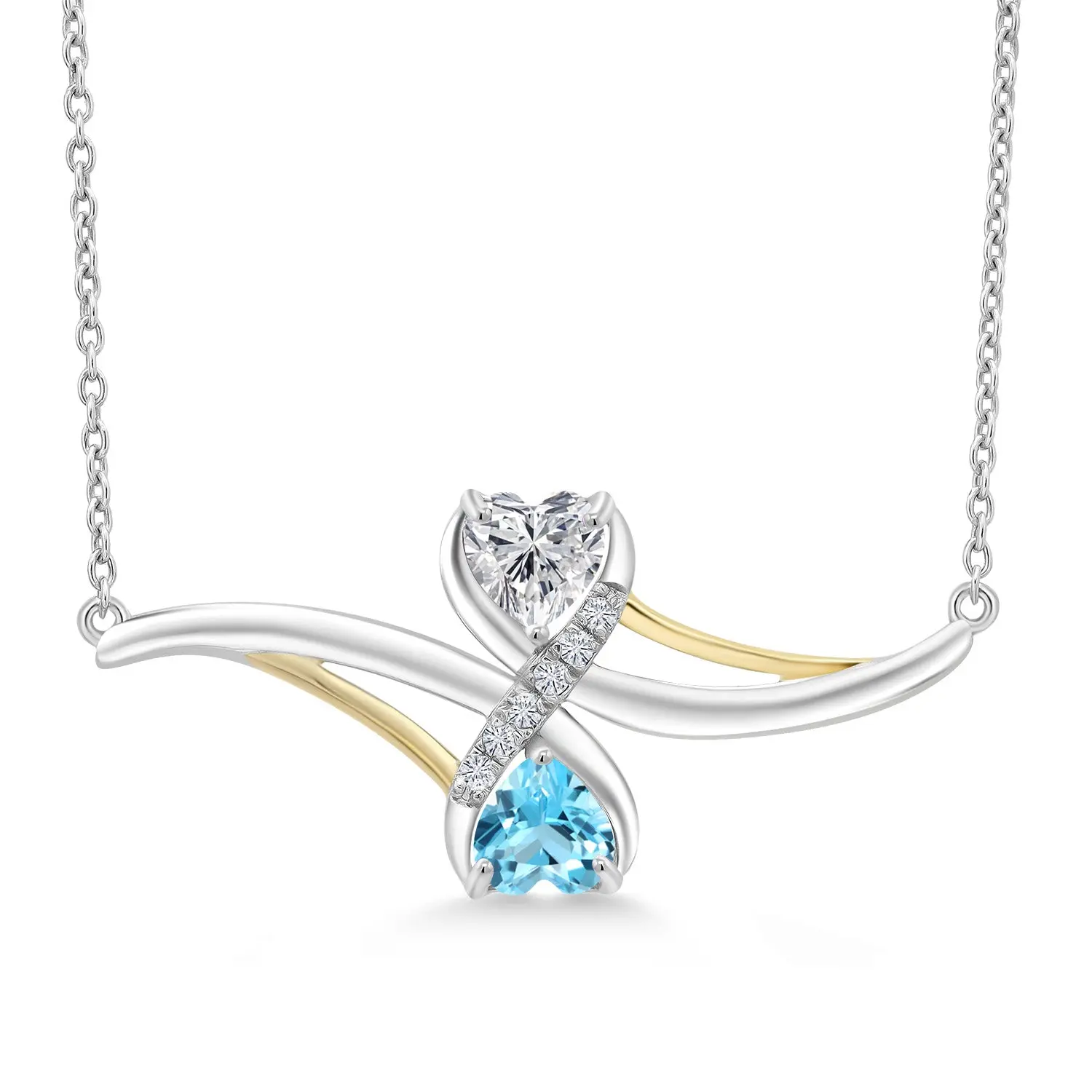 925 Silver and 10K Yellow Gold Lab Grown Diamond and Swiss Blue Topaz Pendant Necklace for Women | 1.05 Cttw | Gemstone April Birthstone | Heart Shape 5MM | With 18 Inch Chain