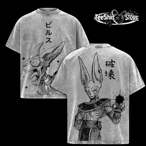 Beerus God of Destruction DB Super Anime Shirt Vintage Washed Oversize T Shirt Black Grey Retro Graphic Powerful Divine Energy Streetwear