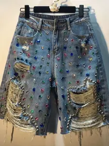 Women's Rhinestone Distressed Denim Jean Shorts, Mid Waist Button Fly, Fitted Short Pants, Sexy Y2K Style, Party Wear, All Seasons