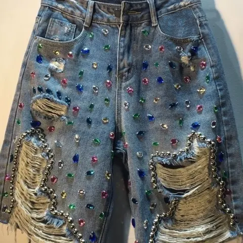 Women's Rhinestone Distressed Denim Jean Shorts, Teen Jean Shorts, Mid Waist Button Fly, Fitted Short Pants, Sexy Y2K Trend Style, Party Wear, All Seasons, Bottom
