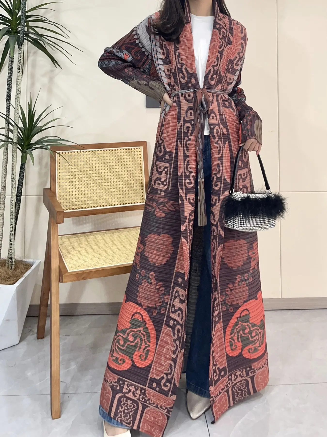 Muslim Women Summer Classic Print Pleated Loose-Fit Long Sleeve Coat, Autumn Versatile Woven Fabric Jacket, Casual Fashion Outerwear, Ideal for Heights 165cm+