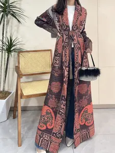 Muslim Women Summer Classic Print Pleated Loose-Fit Long Sleeve Coat, Autumn Versatile Woven Fabric Jacket, Casual Fashion Outerwear