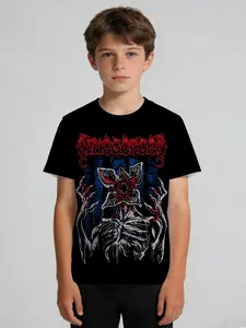 Boys' Short-Sleeve T-Shirt: Graphic Print Tee, Graphic Fashion Tee, core design of dark monster pattern & metal-style text, dark hardcore punk-trendy style, sharp black-red-white-blue contrast, fit for daily casual & trendy personalized outfits.