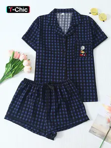 Women's Two-Tone Plaid Animal Pajama Set with Embroidered Duck, Sweet Lapel Short Sleeve Top and Shorts, Casual Homewear Loungewear