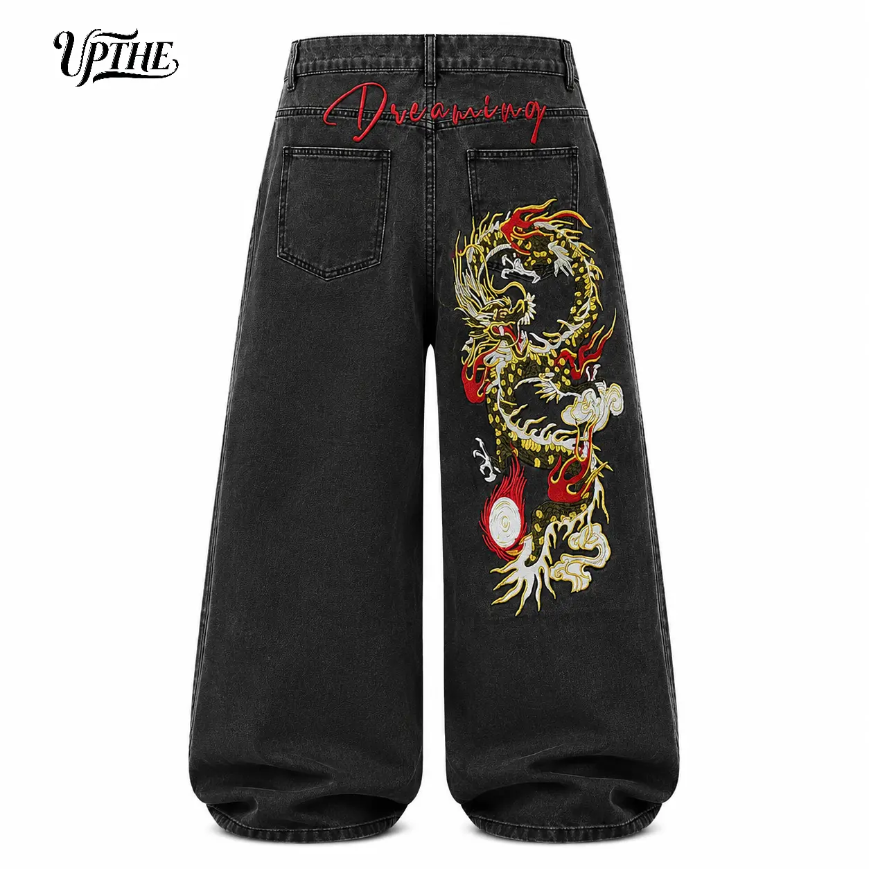 UP.THE Men's Jeans, Y2K Baggy Loose Casual Fit, Hip Hop Menswear with Dragon Embroidery, Button Detail, Classic Quality Casual Vibe, Black & Gray Wide Leg Bottoms Stylish
