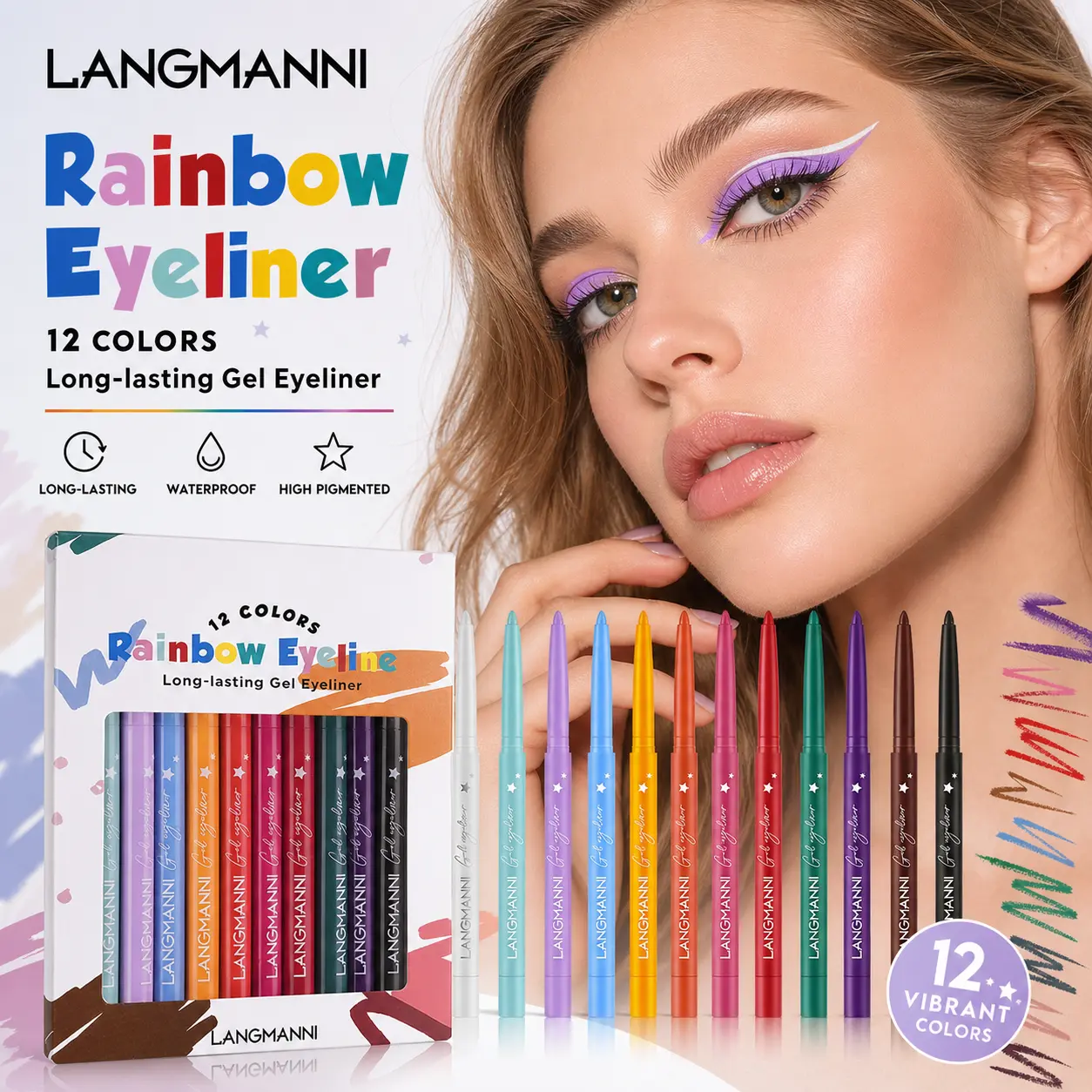 LANGMANNI 12-Color Rainbow Gel Eyeliner Pencil Set, Waterproof, Long-Lasting, Smudge-Proof Cosmetic Eyeliner Pen with Smooth, User-Friendly Design for Daily, Creative & Festival Eye Makeup, 12-Color Set, Multi-Pack