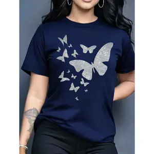 100% pure cotton, available in multiple colors, comfortable and versatile, butterfly spring and summer print women's casual round neck short sleeve T-shirt