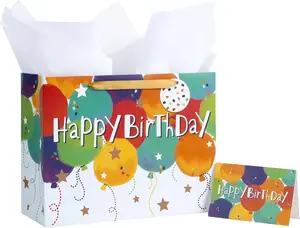Colorful Birthday Gift Bag, Balloons Pattern with HAPPY BIRTHDAY Text, Matching Tissue Paper, Greeting Card and Tag, Ideal for Kids' Birthday Gifts, 13" x 5" x 10", 1 Pcs