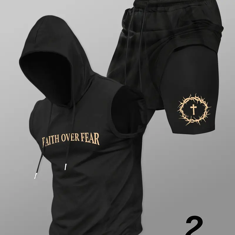 Men's Fitness Hooded Tank Top & Shaping Shorts Set, Casual Summer Wear, Fitted Regular Length, Moderate Fabric Thickness Workout Casual Wear, Workout Gym Clothing, Fitness Sportswear Set, Gymwear, Gym Clothes Workout, Workout Gym Outfit