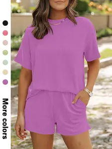Women's Solid Ribbed Short Sleeve Tee & Shorts Two-piece Set, Basic Casual Minimalist Loungewear Round Neck T-shirt & Shorts for Summer, Ladies Clothes for Daily Wear, Pajamas, Pjs, Nightwear, Womenswear