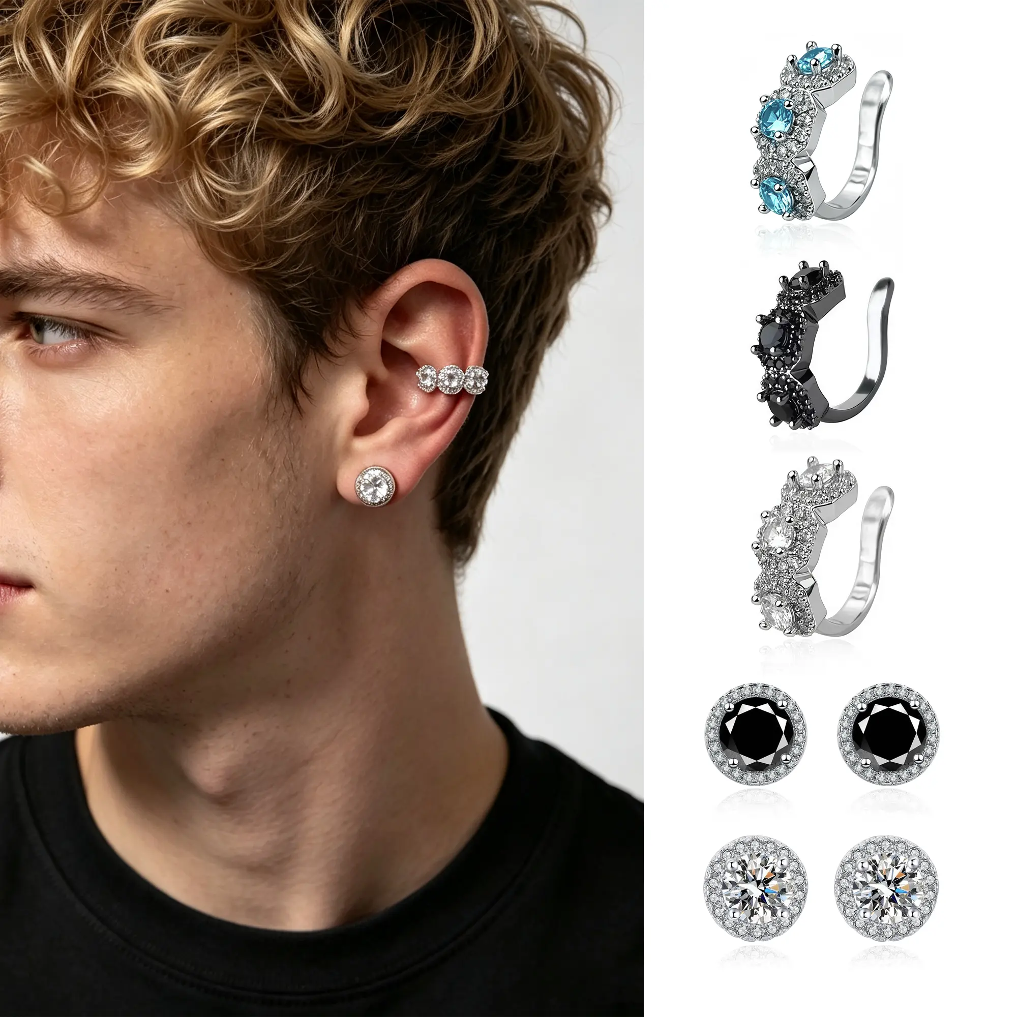 Hip Hop Men Women trend Zircon Earring Kit,Stainless Multi‑Color Shiny Round CZ Stud Earring Pierced&No‑Piercining Ear Clip Stacked Rhinestone Ear Cuffs,Light Luxury Personalized Jewelry Set for Daily Club Party StreetWear,Ideal Durable Jewelry Gift