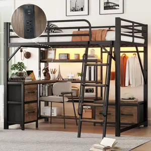 Full Size Loft Bed with Desk,Storage Shelves and Light, Heavy-Duty Metal Loft Bed Frame with Wardrobe and Drawers for Boys Girls, Noise Free, Black