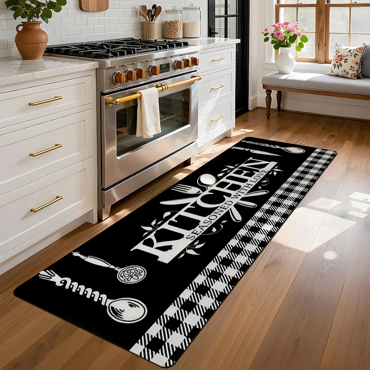 Black and White Checkered Tableware KITCHEN Pattern Runner Rug - Soft Flannel Hallway Carpet with Vibrant Multicolor Design, Suitable for Courtyard, Kitchen, Living Room, Bedroom, Bathroom, Laundry Room and Patio Decoration, Living Room Mat