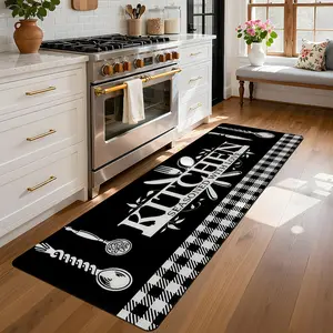 Black and White Checkered Tableware KITCHEN Pattern Runner Rug - Soft Flannel Hallway Carpet with Vibrant Multicolor Design, Suitable for Courtyard, Kitchen, Living Room, Bedroom, Bathroom, Laundry Room and Patio Decoration, Living Room Mat