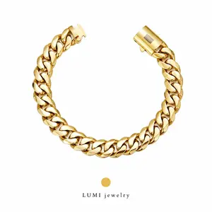 LUMI Men's Cuban Bracelet - 316L Stainless Steel 14K Gold-Plated, 6/8/10/12/14mm Widths, 7.5/8.5in Lengths, Fashion Costume Jewelry Bangle