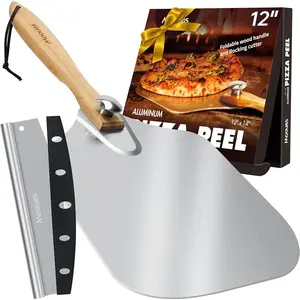 Pizza peel aluminum pizza spatula 12 inch metal pizza paddle12x 14with rocker cutter foldable wood handle storage bag included for family pizza oven baking pizza dough bread pastry