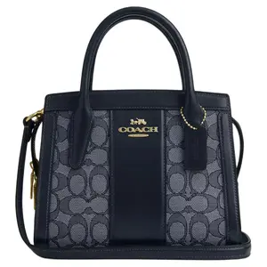 COACH Andrea 22 Monogram Zip-Top Crossbody Handbag for Women, Jacquard and Calfskin, Midnight Navy