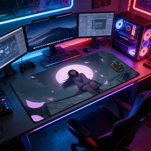 Vintage Purple Neon Full Moon Kimono Anime Girl Large Gaming Mouse Pad, Non-Slip Rubber Base with Reinforced Stitched Edge, Gentle Japanese Anime Night Aesthetic Design, Durable Desk Mat for Gaming & Office, Great Gift for Anime Lovers & Gamer Boys