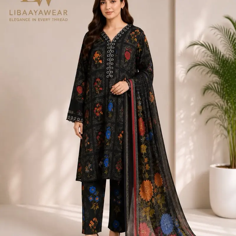 LibaayaWear Black Floral 3 Piece Lawn Suit | Printed Shirt, Trouser & Chiffon Dupatta | Pakistani Women’s Dress