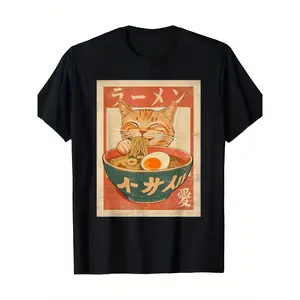 Cat Ramen Funny Japanese Vintage Graphic T-shirt Kawaii Anime T-shirt-100% Cotton 180G