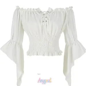 Anygoal Sexy Womens Renaissance Peasant Blouse Off Shoulder Trumpet Sleeve Tops,Smocked Waist Trumpet Sleeve Top with Lace-up Front, Peasant Tops Medieval Victorian Costume, VOff Shoulder Short Sleeve Smocked Blouse, Renaissance Fairs and Themed Parties