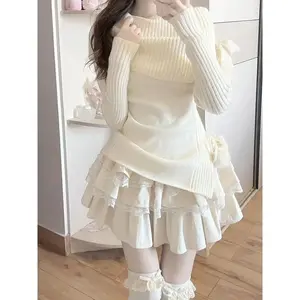 Y2K Catyears white cake skirt~ pure desire skirt autumn and winter lace splicing a-word puffy skirt Womenswear Bottoms