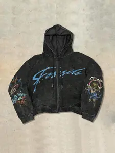 Men's Vintage Angel & Letter Embroidery Zip Up Hooded Jacket, Regular Fit Casual Retro Long Sleeve Outerwear for Fall & Winter, Men's Clothes for Daily Wear, Sweatshirts