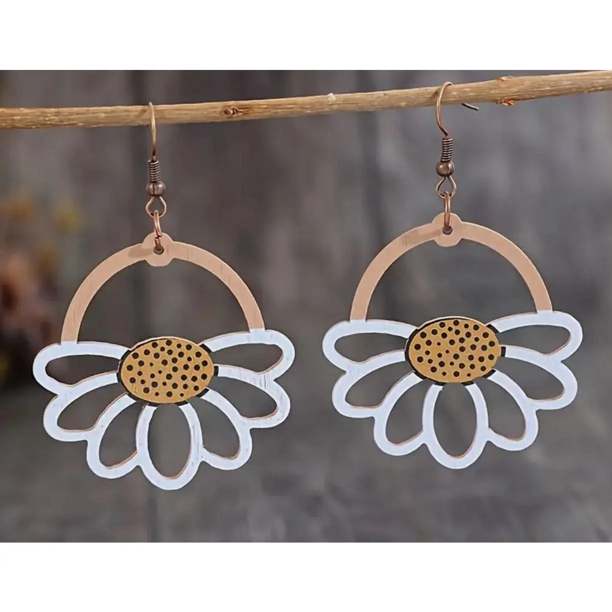 Artisan Crafted, Boho-Chic Daisy Cutout Wooden Earrings - Vintage Style, Perfect for Everyday & Vacation Wear