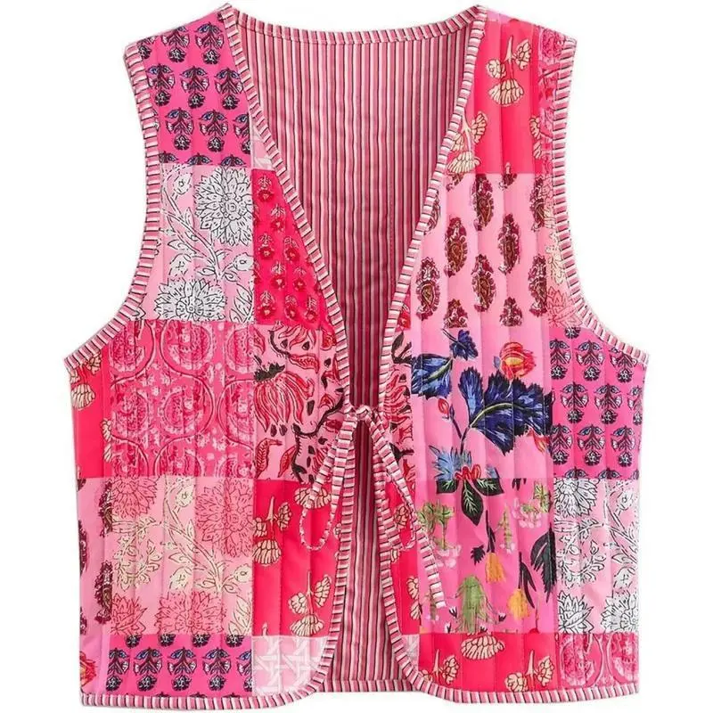 Women's Quilted Vest, Boho Floral Patchwork, Casual Lightweight Sleeveless Cropped Woven Outerwear for Outdoors, Bohemian, Casual Fashion Vest