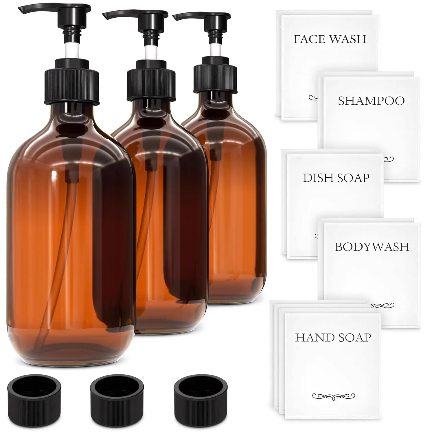 Plastic Amber Soap Dispenser with Pump Set of 3 – 16 oz Refillable Shampoo and Face Wash Bottles – Durable & Reusable for Hand Soap, Dish Soap, Lotion, Gel, Body Wash in Kitchen, Bathroom, Shower