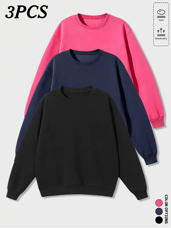 3-pack men’s drop-shoulder loose crewneck sweatshirts—a classic crewneck style that never goes out of fashion. Versatile styling lets you mix and match freely, meeting various needs for everyday outings and casual wear.