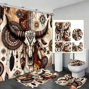 Western Totem Cow Skull Bathroom Set, Boho Waterproof Shower Curtain Sets, Toilet Mat, Rug Set, Vintage Indian Geometric Decor, Bath Decoration