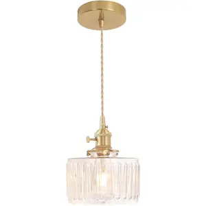 Glass Pendant Light, Vintage Brass Pendant Lighting Fixture Farmhouse Rustic Industrial Gold Hanging Lamp for Kitchen Island Dining Room Bedroom