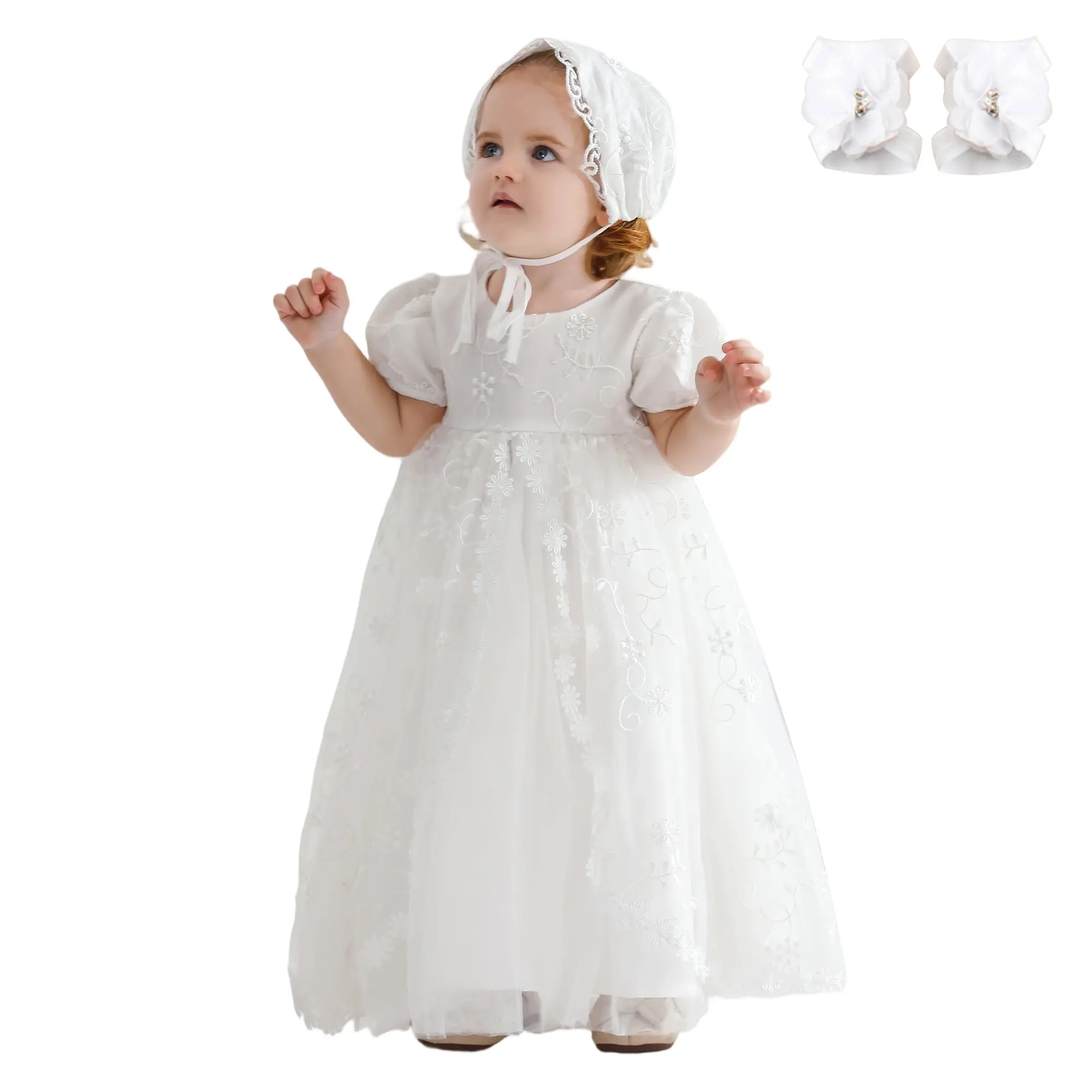 Baby Girl Christening Dress 3‑Pcs Set White Lace Baptism Gown with Lace Bonnet & Foot Flowers Toddler Formal Wedding Long Dress
