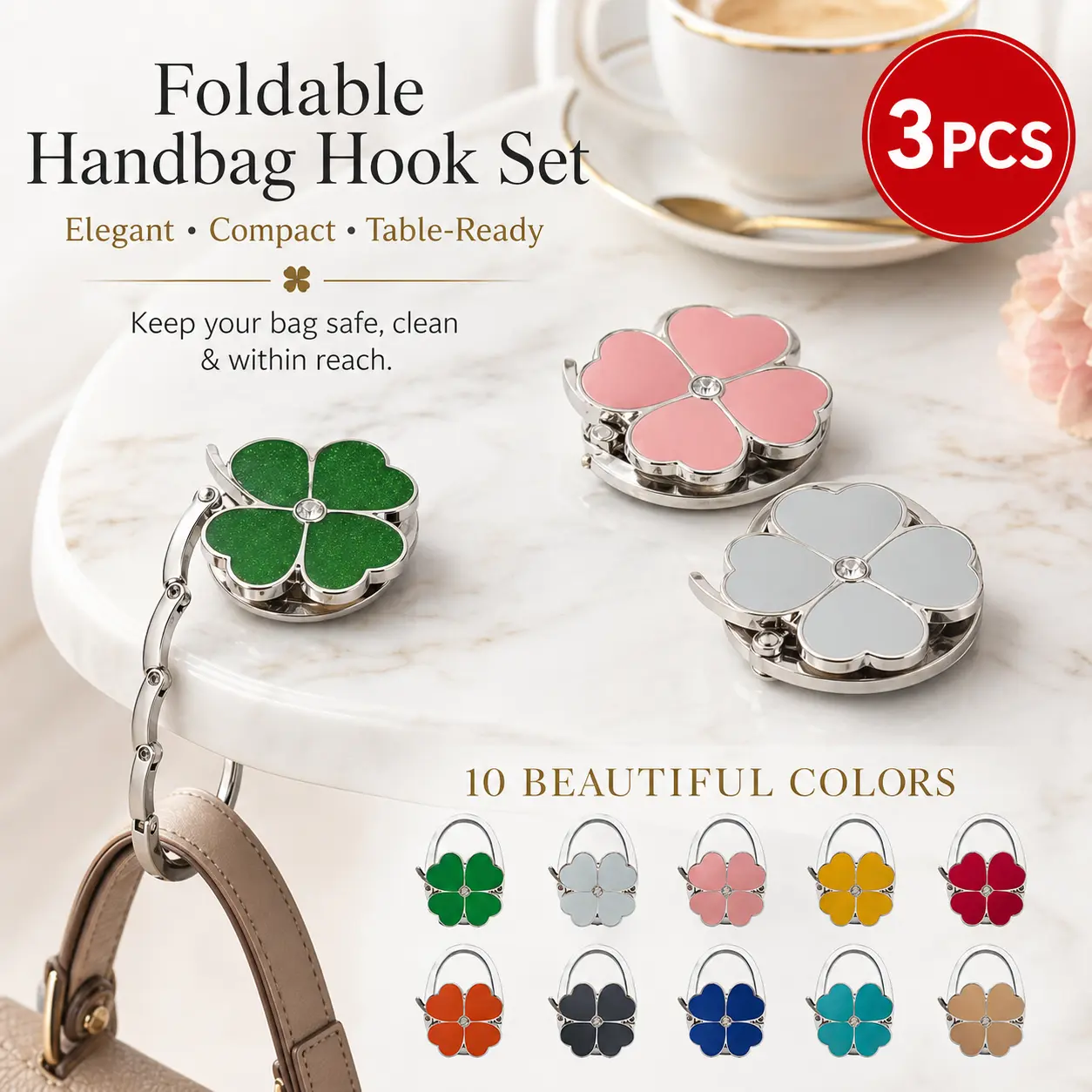 3/1 Pcs Portable Foldable Purse Holder, Clover Decor Table Handbag Hanger, Lightweight Travel Bag Hook, Universal Hanger for Indoor Outdoor Use