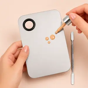 Stainless Steel Makeup Mixing Palette with Spatula, Professional Foundation Mixing Plate for Liquid Foundation, Concealer, Lipstick, Nail Gel and Cosmetic Blending, Easy Clean Beauty Tool