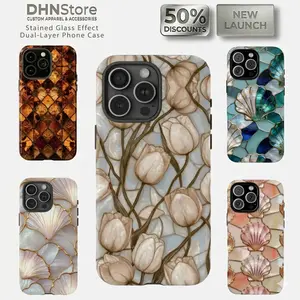 DHNStore Luxury Protective Smartphone Case - Aesthetic Faux Hibiscus, Iridescent & Seashell Stained Glass Effect, Dual-Layer Mobile Device Accessories Casing, Wireless-Friendly Artistic Mosaic Gift For Her, Fits iPhone 17/16/15/14/13/12 Pro Max, Devices