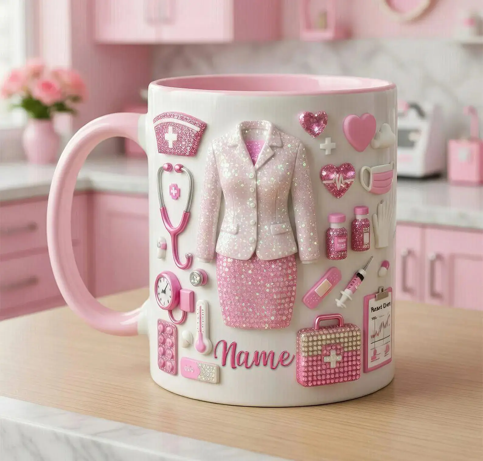 Personalized Nurse Life Faux 3D Mug, Crystal Style Medical Icons, Gift For Nurses, 2D Flat Print Ceramic Cup