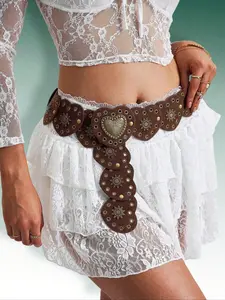 Women's Boho Heart Decorated Studded Belt, Vintage Trendy Belt, Fashionable Embossed Belt Buckle Decorated Clothes Accessories for Daily & Party Decoration, Statement Belts