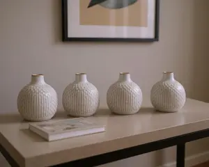360 Stand 4-Pack Distressed Round Bud Shape Ceramic Vases with 360-Degree Stand & Sculpture Details, Natural Tone, for Rustic Farmhouse Table Centerpiece & Floral Decor, Ideal Gift, Rustic Farmhouse Decor, Set