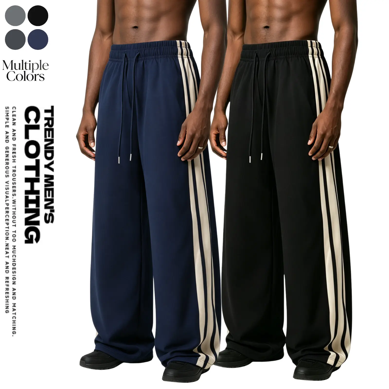 Men's Chic Casual Track Pants with Side Stripes, Drapey Polyester Blend in a Relaxed Wide-Leg Fit with Drawstring Waist, Activewear, Athletic