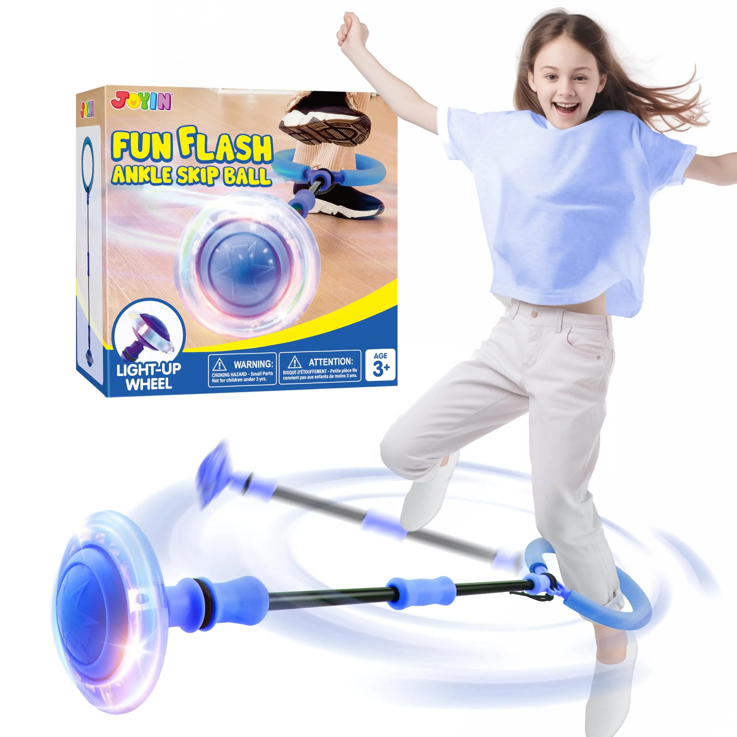 Blue Ankle Skip Ball with Flashing Lights, Skip Toy for Kids Indoor & Outdoor, Flashing Swing Ball Foldable Sports Toy, Birthday Gifts for Kids 3 4 5 + Kids Outdoor Play