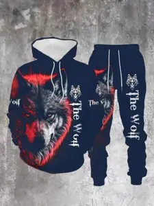 Men's Fall Winter Fashion Menswear Wolf Print Fitted Hoodie Set, Sporty Long Sleeve Letter Print Casual Sweatpants, 2 Piece Streetwear