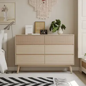 VOWNER Fluted Dresser for Bedroom with 6 Drawers, Modern Chest of Drawers with Striped Surface & Pull-Free Drawers