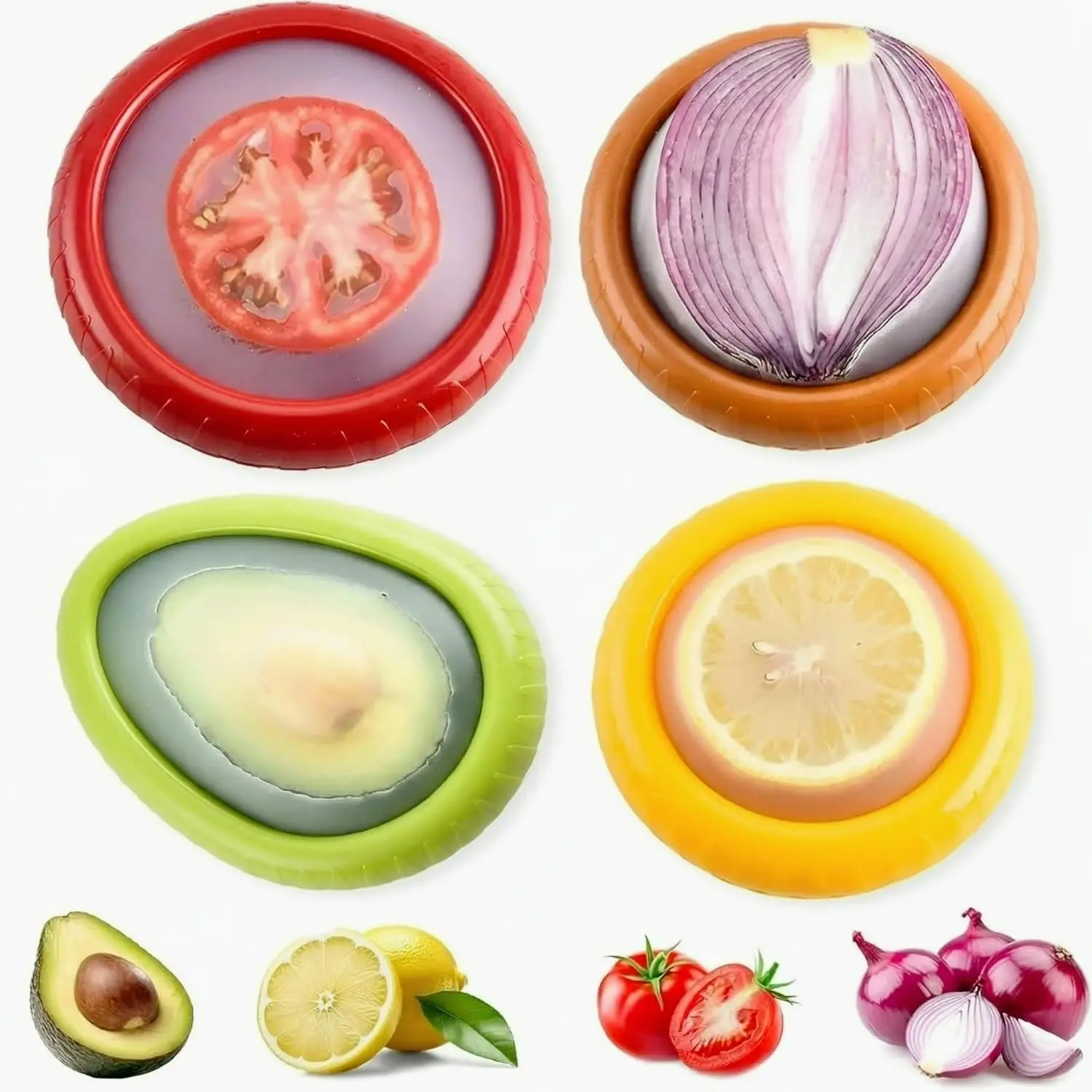 Set of 4 Reusable Fruit and Veggie Savers - Ideal for Avocados, Tomatoes, Apples, Garlic, Onions, and More