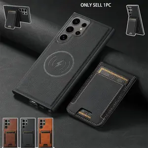 2 In 1 Solid Color Leather Phone Case with Magnetic Attraction Card Bag, Magnetic Attachment, 1 Count Shockproof Phone Protective Cover, Phone Accessories for Samsung Galaxy S26 S25 S24 S23 S22Ultra Plus Smartphone, Protection, Casing, Cellphone