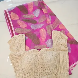 Reyavogue Women's Pink Organza Saree With Leaf Embroidery Allover and Lace Blouse