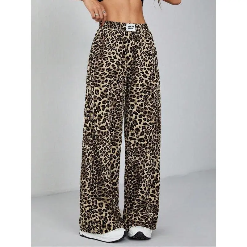 Women's Leopard Print Patched Pocket Design Wide Leg Pants, Casual Fit Elastic Waist Trousers for Daily Wear, Ladies Bottoms for All Seasons Cheetah Pants Girl Original, Womenswear, Bohemian Bottom, Casual Fashion Pants