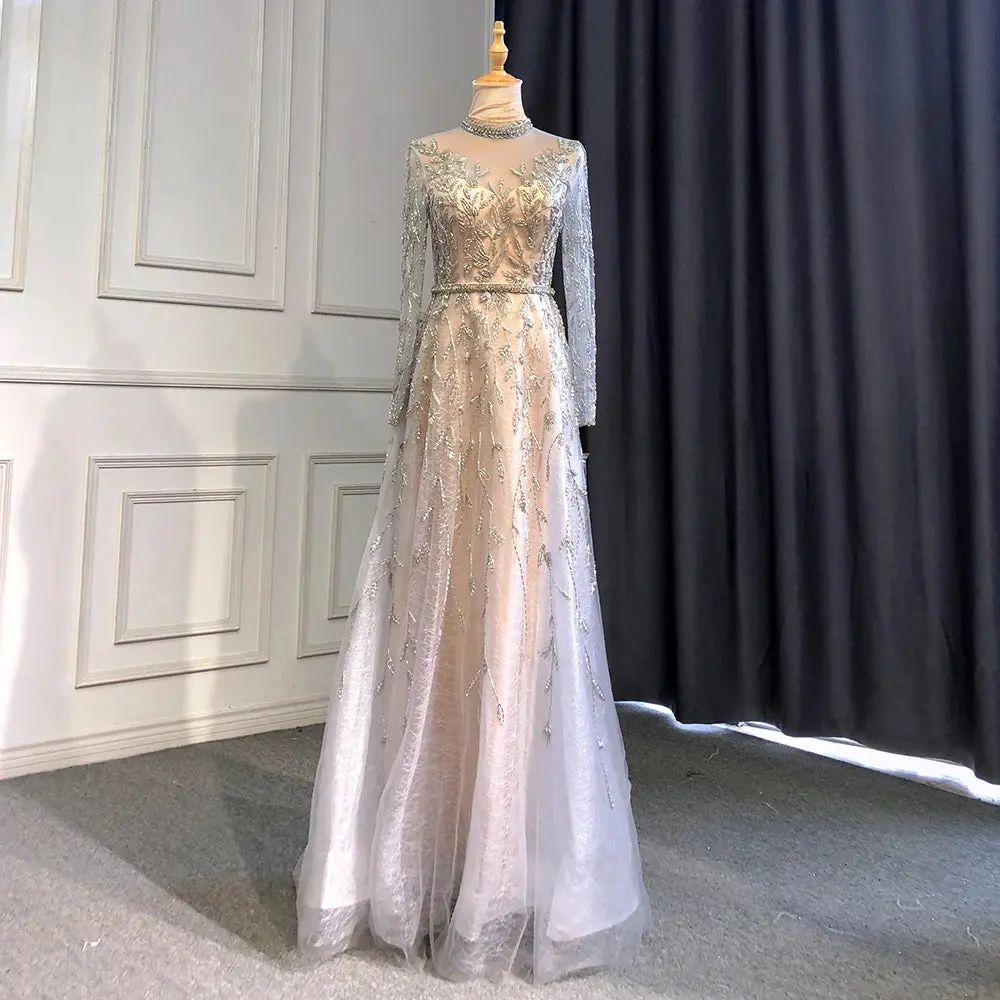Gold A-Line Evening Dress 2025 - High Neck, Muslim Luxury Beaded Long Arm Gown for Women's Party